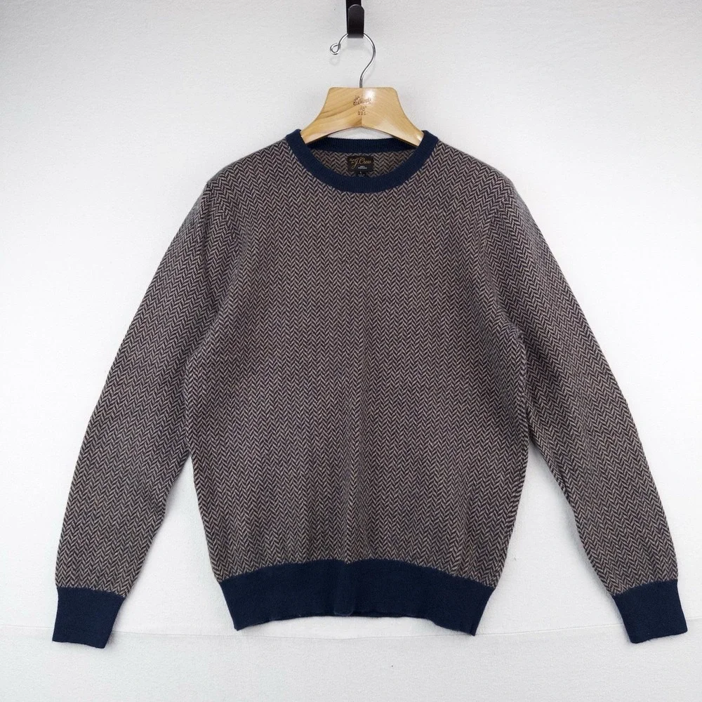 J.Crew 100% Cashmere Herringbone Jacquard Crewneck Sweater Men's Large Blue Tan
